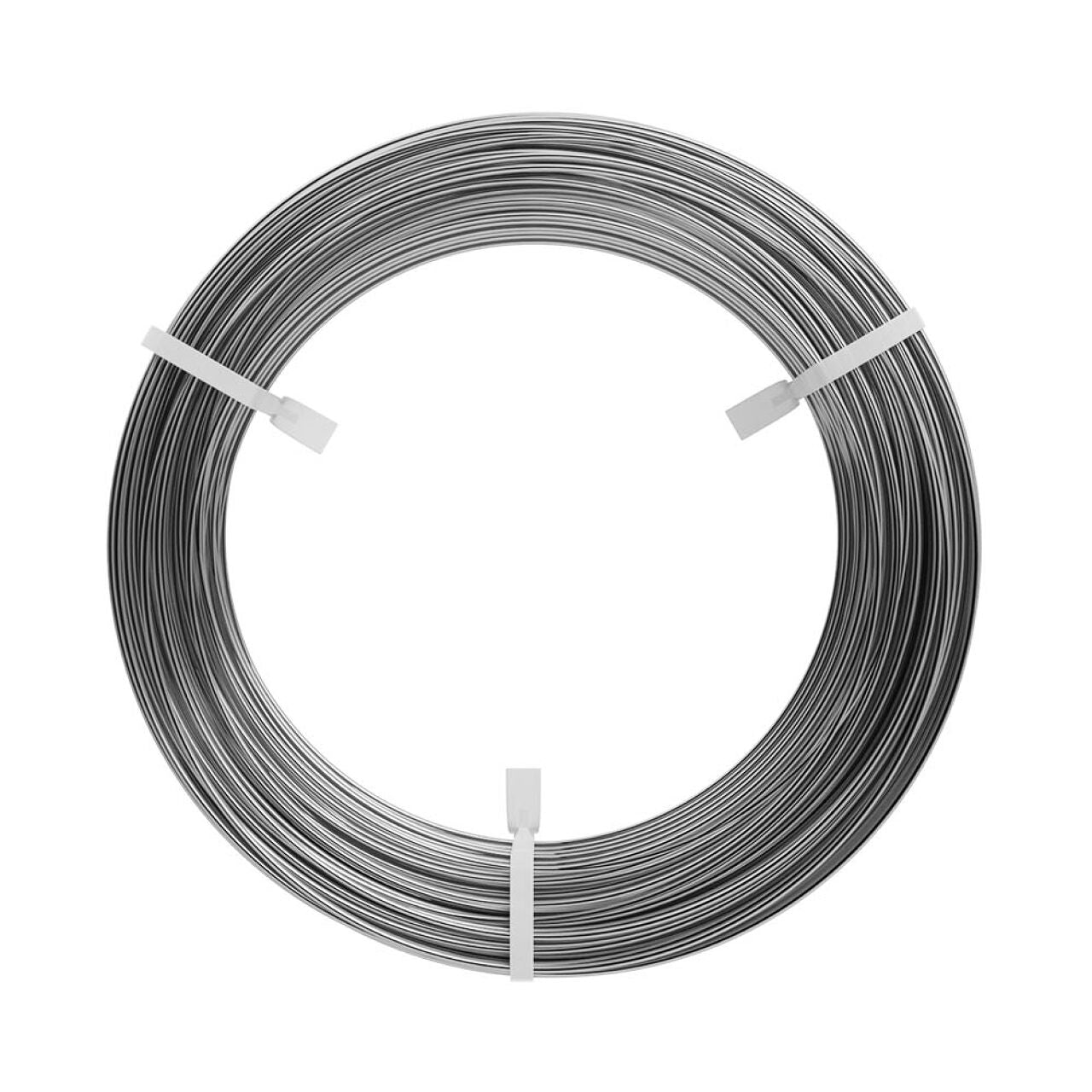 A neatly coiled roll of Go Build 100 ft. 12 Ga. Hanger Wire, secured with three white plastic ties and arranged in a circle on a white background, is ideal for suspended ceiling grid and commercial applications.
